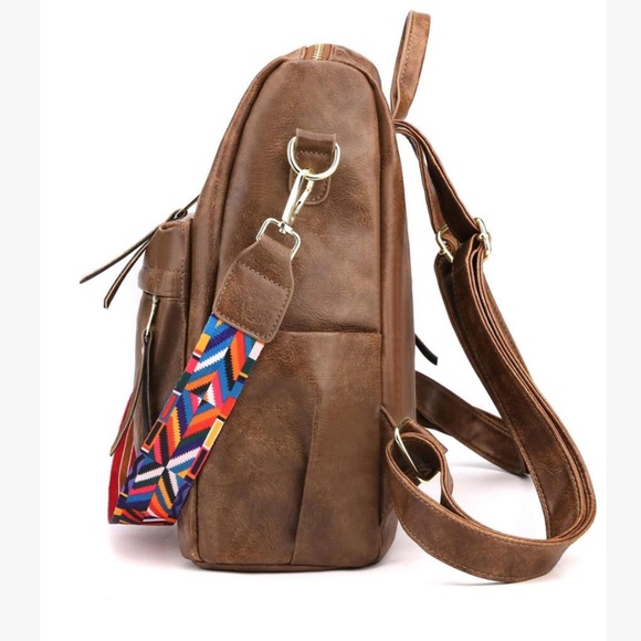 Luxe Vegan Leather Colorful Strap Backpack Shoulder bag - Picture 5 of 11